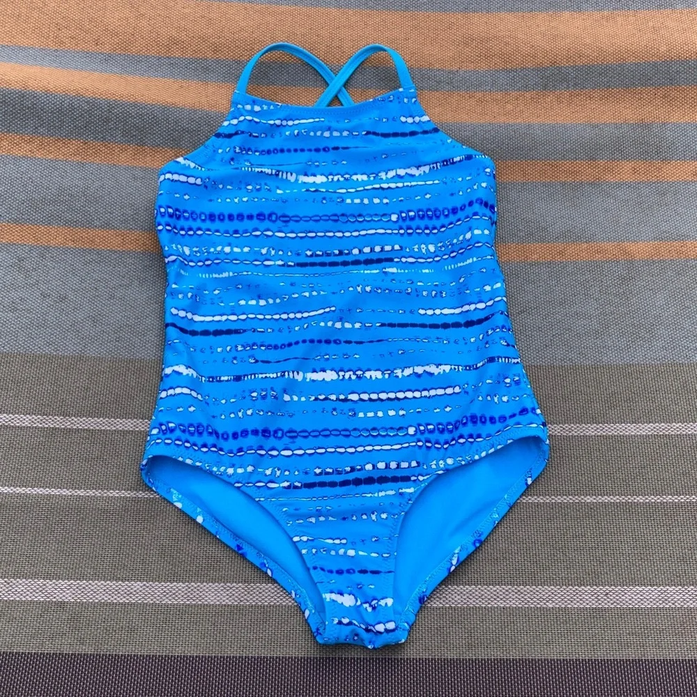 LANDS END Blue Striped Kids 1 Piece Swimsuit Girls Medium 8